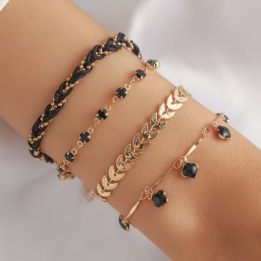 our-Piece Women'S Bracelet Set Bohemian Black Four-Leaf Clover