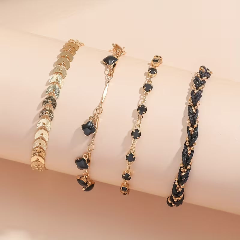 our-Piece Women'S Bracelet Set Bohemian Black Four-Leaf Clover