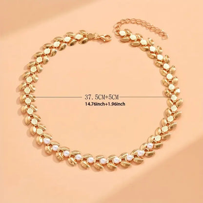 Elegant Golden-Tone Wheat Ear Choker Necklace with Faux Pearls.